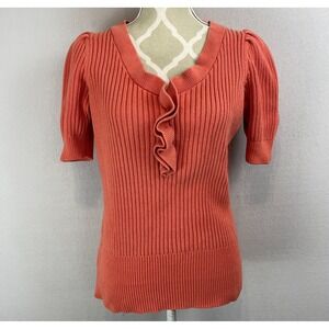 TALBOTS Sweater Sz M‎ Short Puff Sleeve Ruffle Trim Ribbed Pumpkin Spice Orange